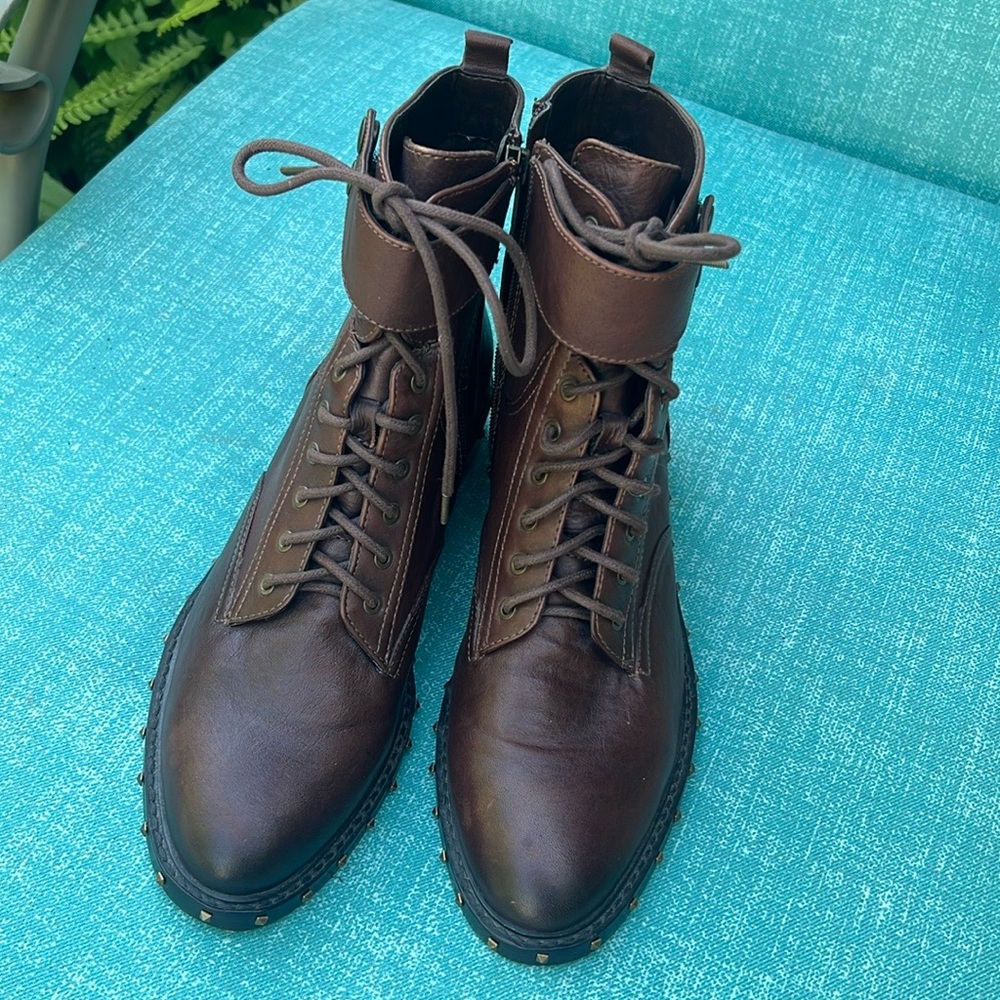 Women’s Dark Brown Leather Lace-Up Ankle Boots with Strap size 10B